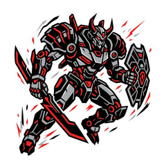Obraz premium Powerful futuristic robot warrior with sword and shield illustration