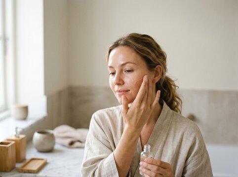Young woman applying facial serum in a bright bathroom for daily skincare routine
