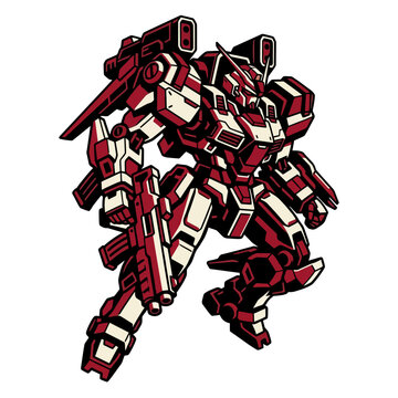 Illustration of a powerful red and white futuristic combat robot