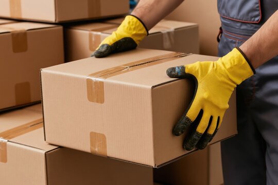 Hands in yellow gloves lift brown cardboard box. Stacks of packages fill warehouse space. Worker moves freight for shipping delivery or storage. Order fulfillment process.