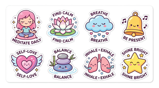 Collection of Cute Kawaii Stickers Promoting Mindfulness, Meditation, and Positive Mental Health.