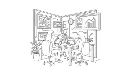 Obraz premium Business team collaborating on data analysis and financial reports in modern office line art illustration