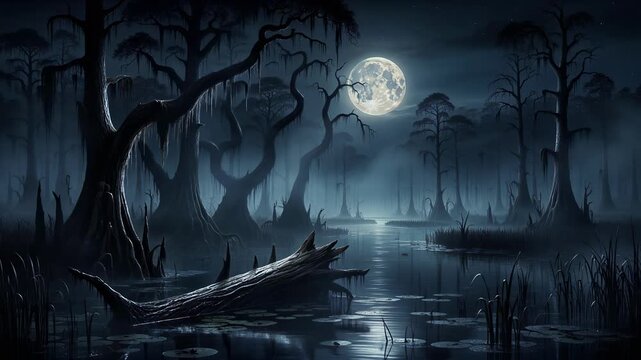 Mysterious swamp landscape under glowing full moon with twisted trees and rising mist at night
