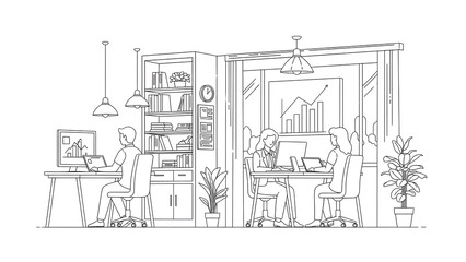 Naklejka premium Modern Office Workspace with Business People Working on Computers and Laptops Line Art Illustration