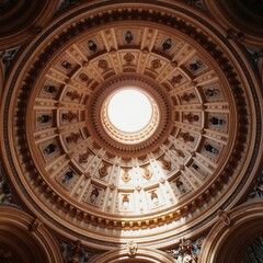 Obraz premium Grand ornate dome interior ceiling with detailed circular patterns. Natural light streams through central illuminating intricate designs and geometric shapes. Luxurious classical architecture.