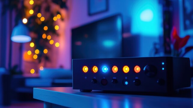 Close-up of a high-speed data modem with active indicator lights