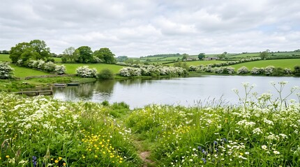 Fototapeta premium Idyllic spring landscape with a calm pond surrounded by lush green hills and flowering hedgerows