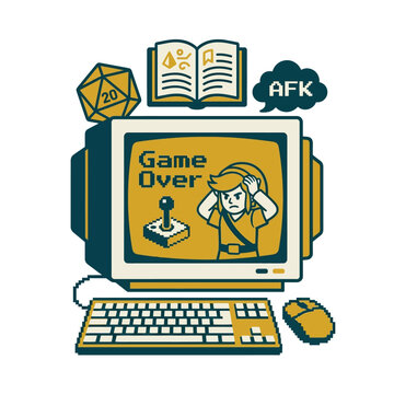 A retro computer displays a game over screen with a fantasy character