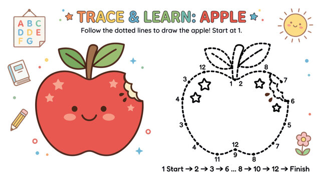 Trace and Learn Apple - Educational Activity for Kids with Cute Apple Illustration