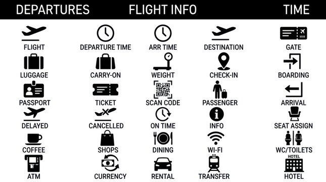 Airport Information Icons: Travel, Flight, Time, Luggage, Passport, Check-in, Wi-Fi