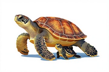 Obraz premium Adult sea turtle greets tiny hatchling on sandy shore. Warm sunlight illuminates reptile pair. Illustration shows family bond, ocean life, nature wonder. Generative AI artwork conveys calmness,