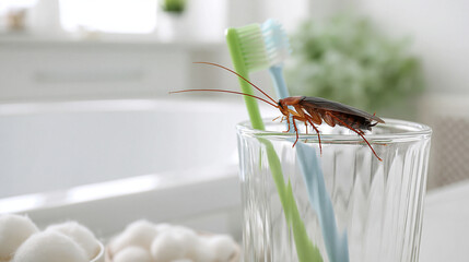 Naklejka premium Cockroach on Toothbrush: A disturbing close-up shows a cockroach perched atop a toothbrush in a clear glass, highlighting a hygiene concern in a domestic bathroom setting.