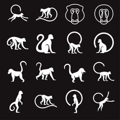 Fototapeta premium Monkey and Ape Animal Icons Set Vector Illustration. Collection of Minimalist Primate Silhouettes on Black Background.