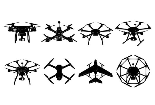 Drone UAV Quadcopter Hexacopter FPV Fixed Wing Silhouette Black Vector Icon Set Collection