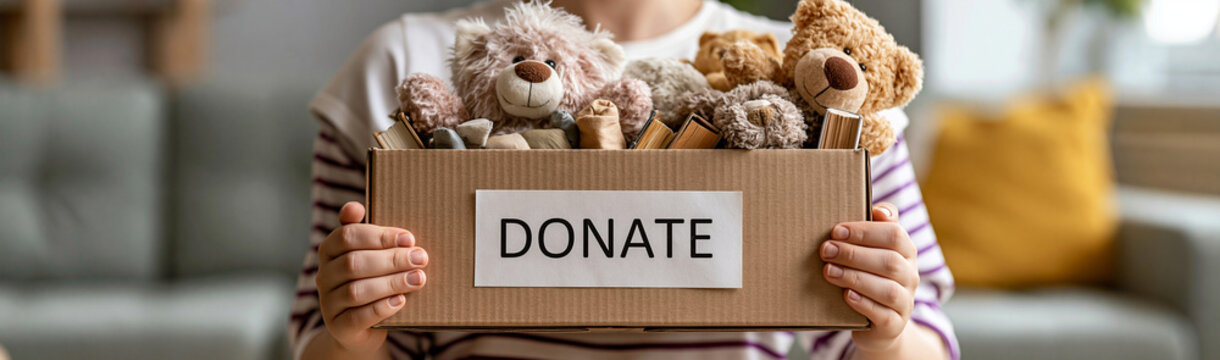 Donation Box Filled with Toys: A person holds a cardboard box filled with stuffed animals, with a sign that says DONATE on the front, symbolizing generosity and charity.