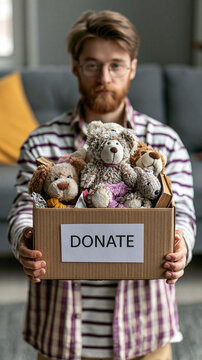 Kindness in a Box: A man with a beard and glasses holds a cardboard box filled with stuffed animals, labeled DONATE, signifying a gesture of generosity and charity.