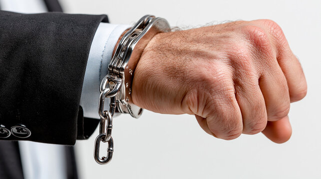 Business Imprisoned: A businessman's hand, clad in a suit, is restrained by handcuffs, symbolizing a loss of freedom or being trapped in a difficult situation.