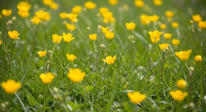 Bright yellow buttercup flowers scattered across a lush green grassy field
