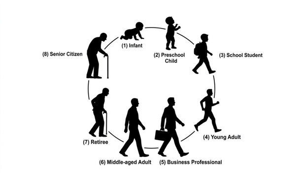 Monochromatic life cycle infographic of a man. Human evolution timeline wheel with text descriptions isolated on white background