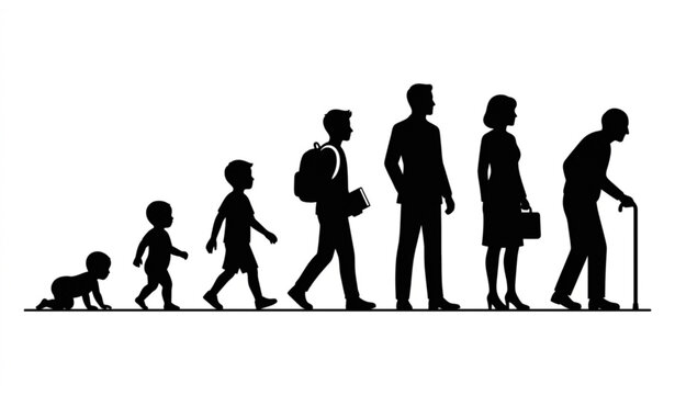 Human development timeline from infancy to old age. Black silhouettes of people life stages and generation progression isolated on white background.
