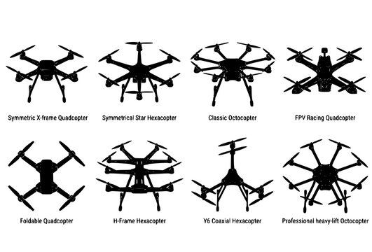 Quadcopter Hexacopter Octocopter FPV Foldable Coaxial Labeled Drone Silhouette Black Vector Set