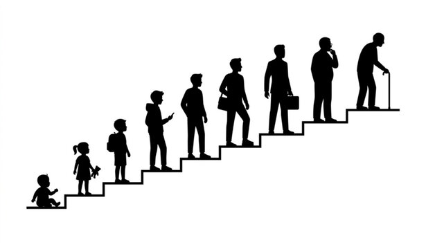 Human development and life stages concept. Vector infographic of a man growing old from childhood to senior citizen on a staircase