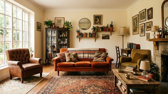 Cozy vintage living room with warm sunlight and eclectic decor