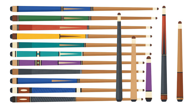 Professional pool cue vector set with colorful billiard sticks