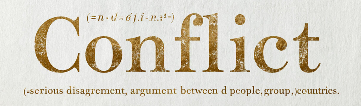 Golden Word Conflict: A stark golden text on a light background displays the word Conflict with a definition below, illustrating the concept of disagreement and dispute.