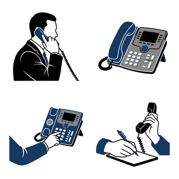Business Professional Using Office Telephone and Taking Notes Illustration Set.
