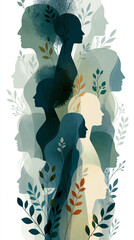 Fototapeta premium Silhouettes of Women and Botanicals: An artistic illustration of diverse female profiles interwoven with delicate botanical elements, creating a serene and empowering visual narrative.