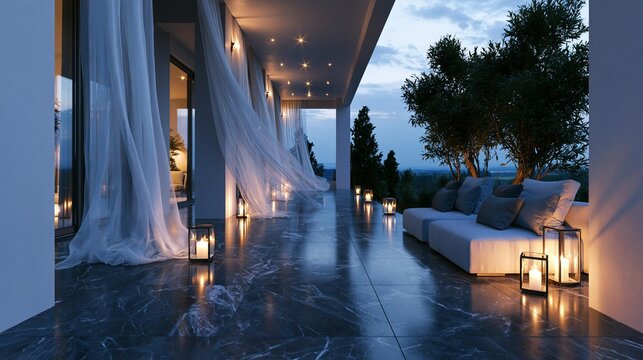 Luxury balcony terrace at twilight with sheer curtains and lanterns. Elegant outdoor seating area overlooking a scenic landscape. Modern home design ambiance for relaxation and hospitality