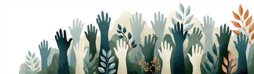 Fototapeta premium Hands Reaching for the Sky: A multitude of hands, diverse in tone, are raised in unity, intertwined with stylized foliage, symbolizing hope, growth, and collective aspiration.