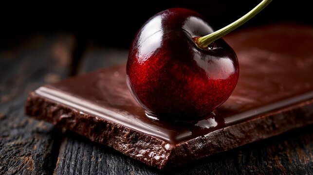 Juicy dark cherry resting on a piece of rich dark chocolate