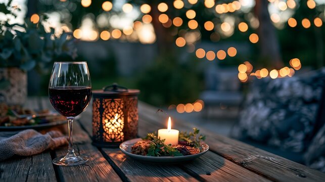 Romantic outdoor dinner setting with wine, candle, and fairy lights
