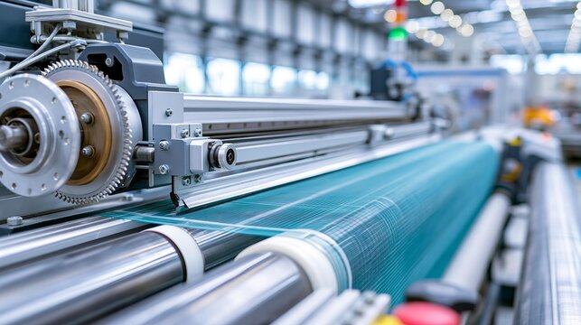 Automated industrial fabric weaving machine in operation. Precision machinery producing textile material on a large scale. Advanced manufacturing technology for textile production