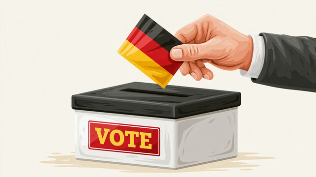 German Vote in Ballot Box: A close-up shot shows a man's hand, dressed in a suit, casting a ballot with the German flag into a ballot box labeled VOTE.