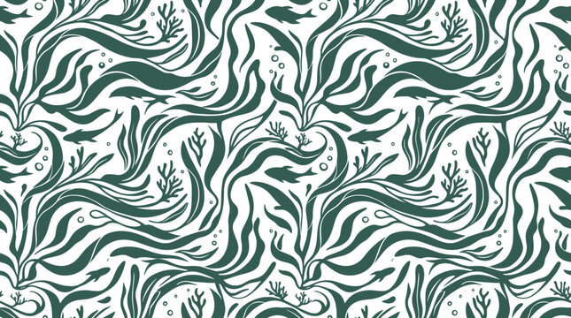 Seamless pattern featuring dark green seaweed, aquatic plants, small fish, and bubbles, creating an underwater ocean theme on a crisp white background for