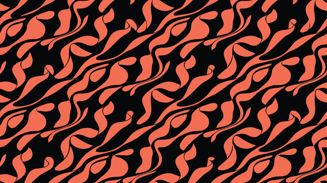Seamless pattern featuring wavy coral pink organic shapes intertwined with black lines on a solid background