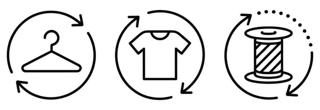 Fabric recycling outline icon collection featuring clothing reuse symbols, editable stroke graphics, sustainable fashion concepts, textile recovery elements, and flat vector illustrations