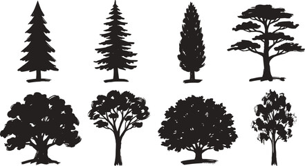 Collection of black tree silhouettes isolated on a white background, various forest species including pine, oak, and deciduous trees for nature © Sifat