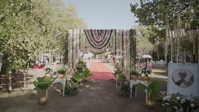 Luxury Royal Wedding Decoration Setup Drone View Showcasing Grand Floral Design, Palace Style Venue, Elegant Lighting, and Lavish Celebration Arrangement