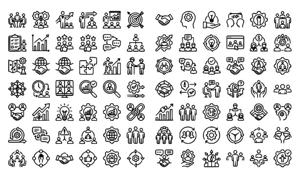 Teamwork and business management outline icon collection with cooperation and leadership concepts
