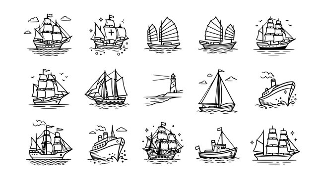 Hand-drawn collection of various sailing ships, boats, and lighthouse icons.