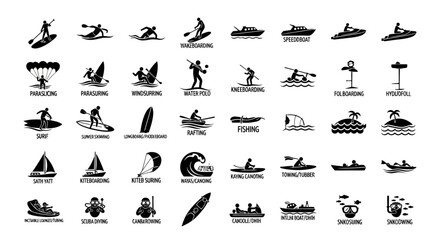 Fototapeta premium Black silhouettes of various water sports icons, vector graphics, white background