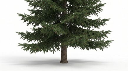 Fototapeta premium Elegant 3D pine tree standing alone on white background, vibrant green foliage, realistic trunk texture, professional product-style lighting, ultra sharp details, stock-ready render
