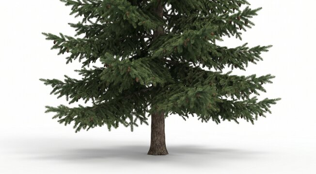 Elegant 3D pine tree standing alone on white background, vibrant green foliage, realistic trunk texture, professional product-style lighting, ultra sharp details, stock-ready render