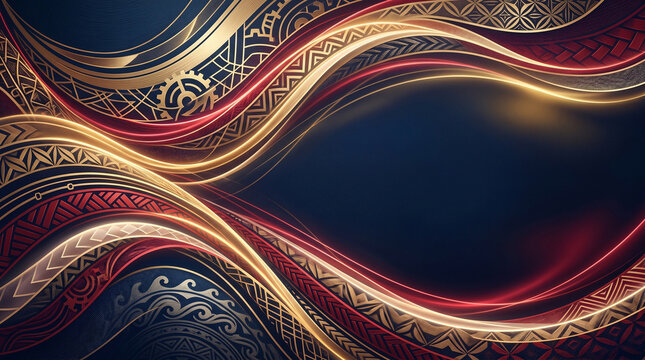 Luxury indigenous abstract background with golden tribal patterns glowing waves and navy space