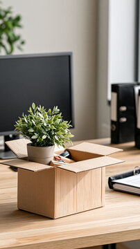Moving Day Office Scene: A potted plant sits in an open cardboard box on a wooden office desk, ready for relocation, surrounded by office supplies.