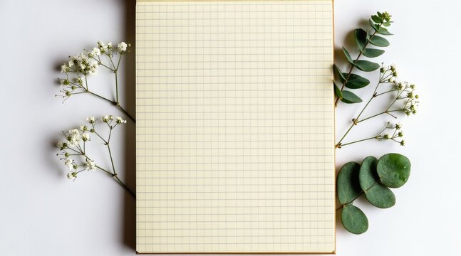 Opened blank grid notebook with delicate white flowers and green eucalyptus leaves on white surface. Minimalist flat lay for journaling or design inspiration.